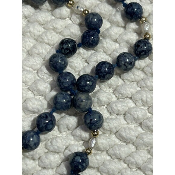 Blue Stone Bead Necklace With Fresh Water Pearl Accents 36” - Picture 5 of 6